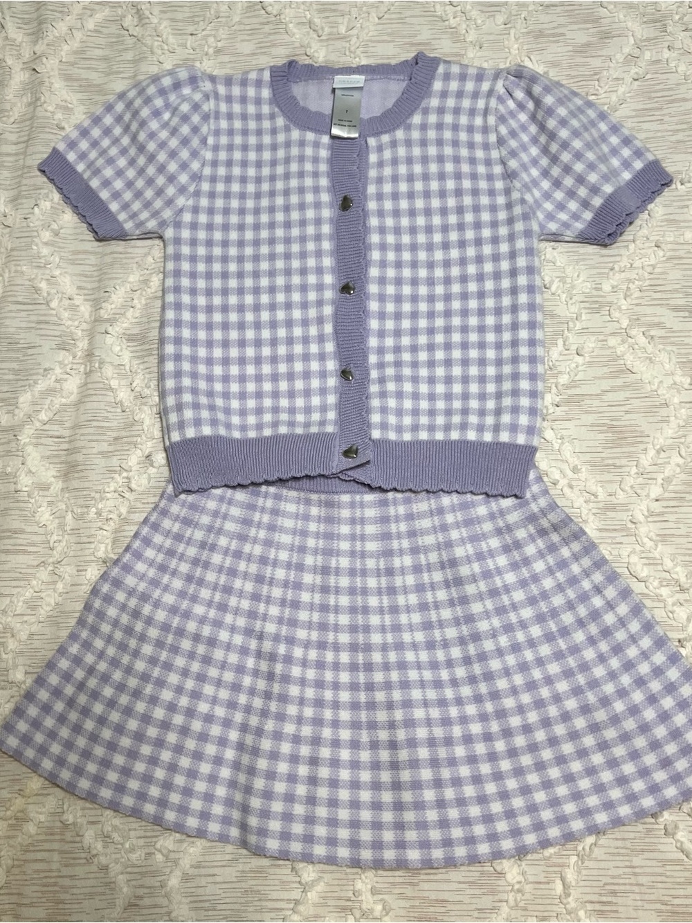NWOT Draper James Girls Lilac Gingham Knit Cardigan & Skirt Set size 7